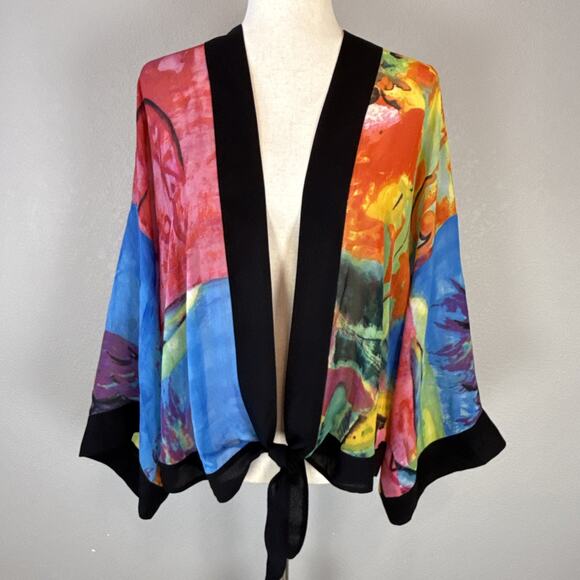 Chico's Womens Lightweight Silk Chiffon Short Kimono Jacket Size 2 L Watercolor - Picture 2 of 8